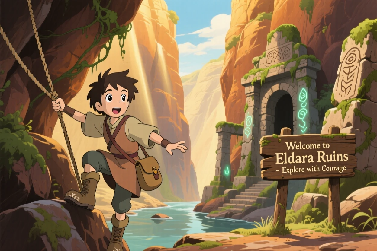 An adventurer descending into a canyon filled with ancient ruins, the moment adventurous and hopeful.