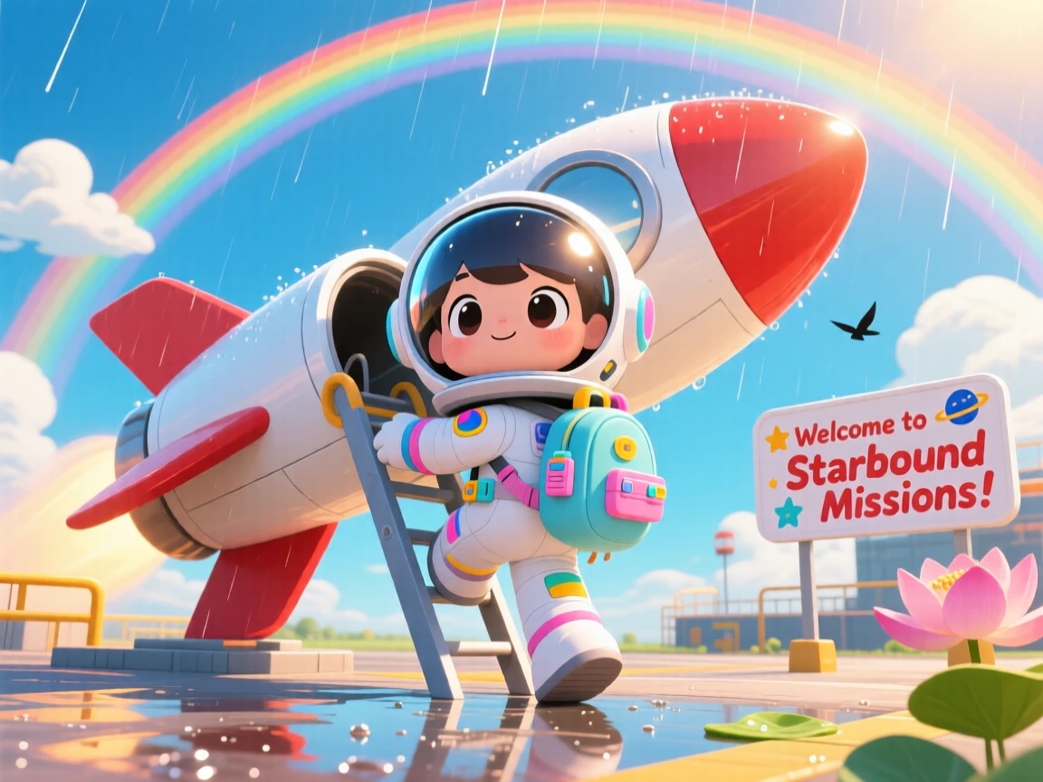 A young astronaut boarding a rocket ship with a backpack in a sunny launch pad under a rainbow after the rain; soft golden-hour sunlight washes over the scene as curious excitement fills the moment. Low-angle shot looking up.