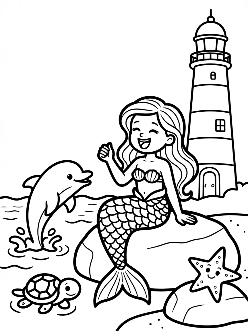 A little mermaid singing to sea creatures near a lighthouse