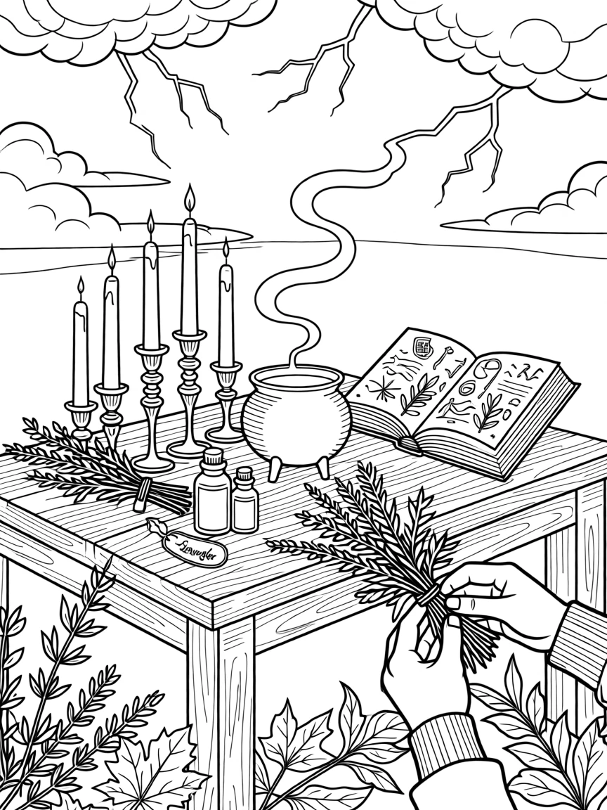 A witch's altar with candles, herbs, and a small cauldron, with a storm gathering ominously overhead.