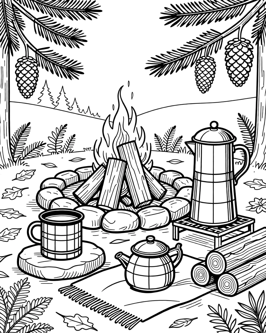 A cozy campfire coffee scene with an enamel mug and percolator.