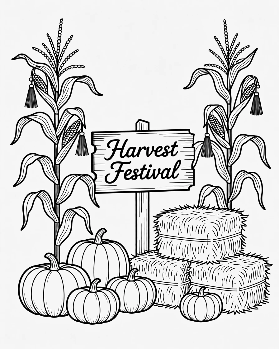 A harvest festival with pumpkins, corn stalks, and hay bales