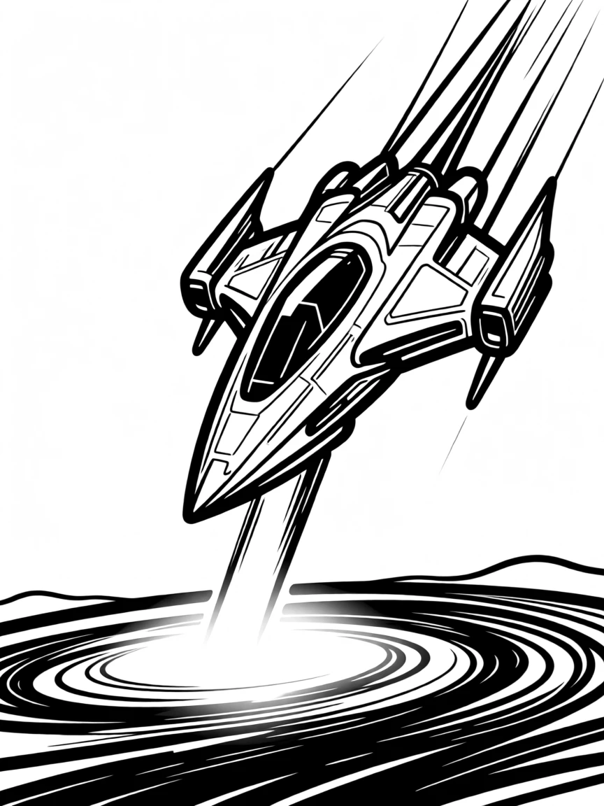 A futuristic spacecraft descending toward a glowing alien planet surface.