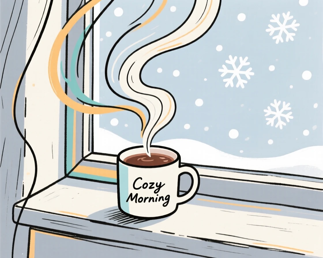 A cozy winter morning scene with hot cocoa and a view of falling snow.