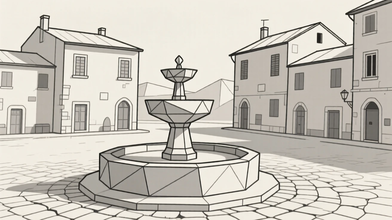A rustic Italian piazza with a central fountain