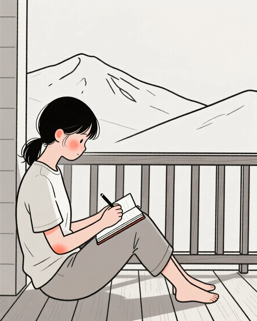 A teenage girl journaling on a quiet porch, on a mountaintop overlook.