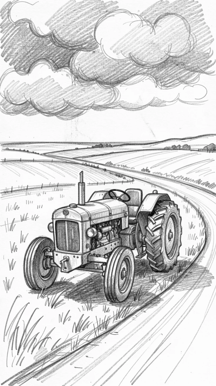 A striking scene of a restored vintage tractor in a farm field along a winding coastal road, with dramatic clouds gathering overhead.
