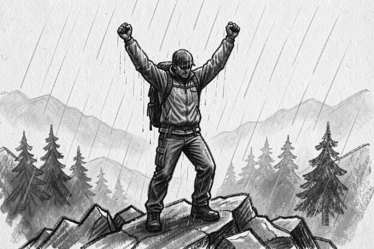 A hiker standing atop a summit with arms raised in triumph, as gentle rain patters down around them.