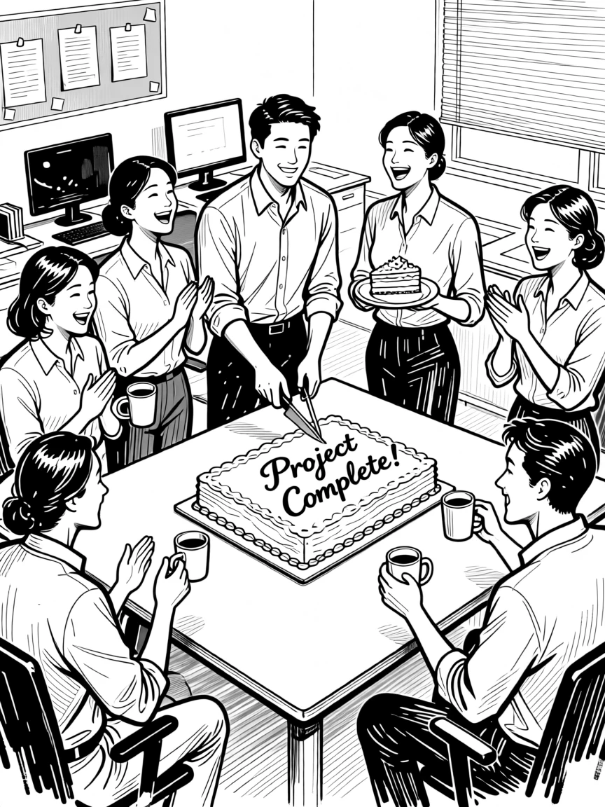 A group of coworkers celebrating a project completion with cake in the office.