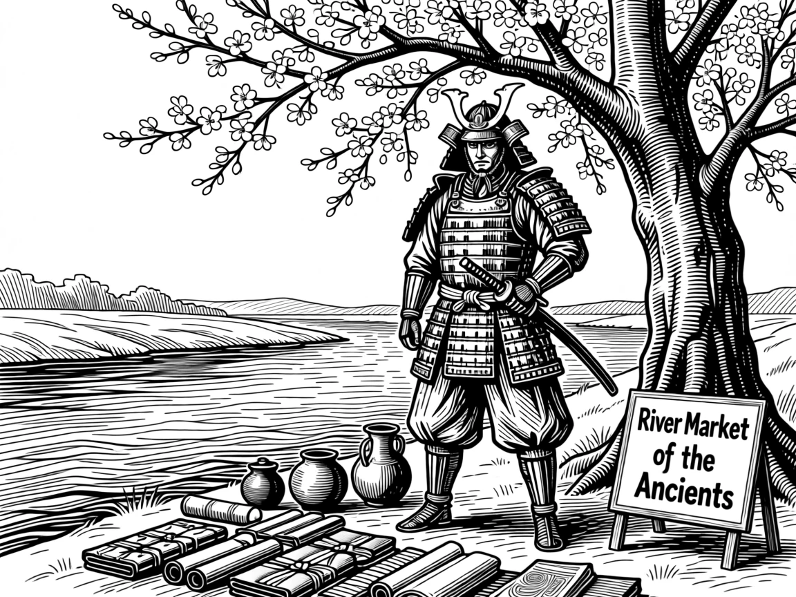 A samurai standing beneath a blossoming cherry tree beside a river that has flowed for generations, with goods and wares displayed with pride, portrayed in a proud and storied historical scene.