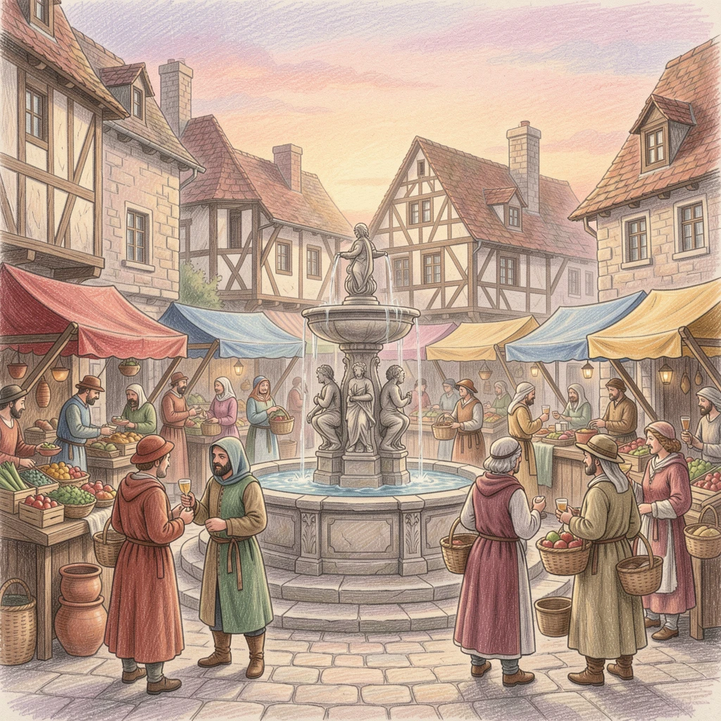 A medieval town square with a bustling market and stone fountain, set against a softly lit, atmospheric backdrop, celebrating a moment people would love to revisit.