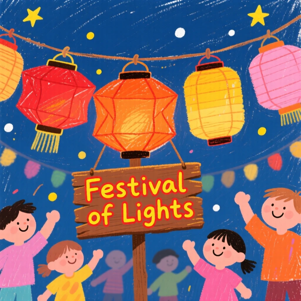 A string of paper lanterns displayed at the center of a festive gathering.