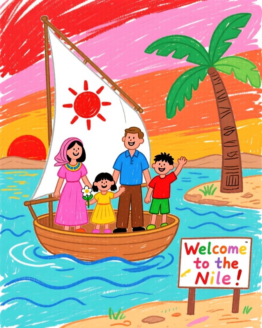 An Egyptian family sailing a small felucca boat along the Nile at sunset.