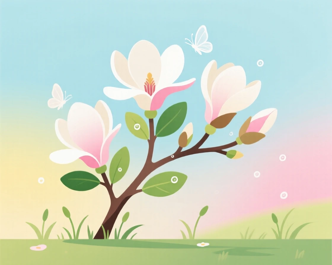 A blooming magnolia branch heralding the start of spring, surrounded by the colors typical of the season, arranged with seasonal colors creating a cohesive mood, with charming small details that evoke the season perfectly.