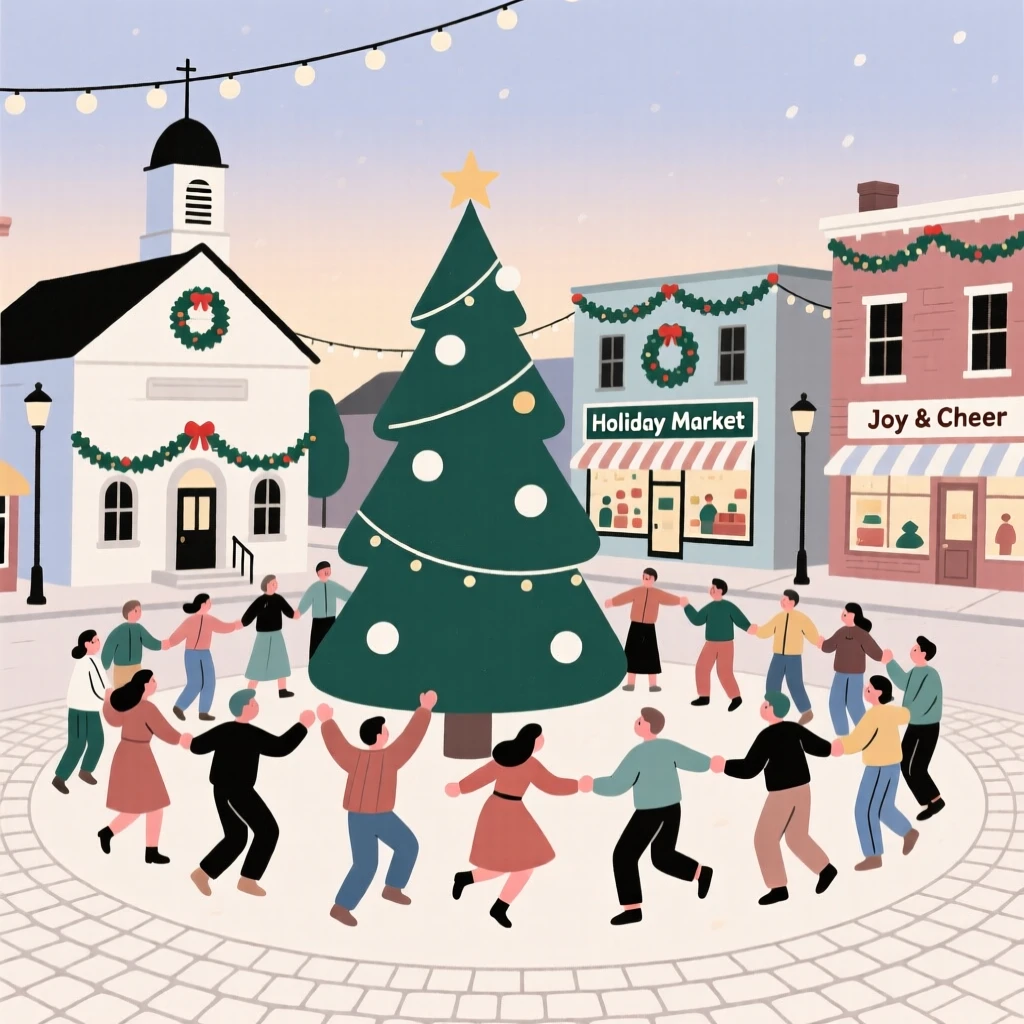 A Christmas celebration with dancing crowds filling a small town square.