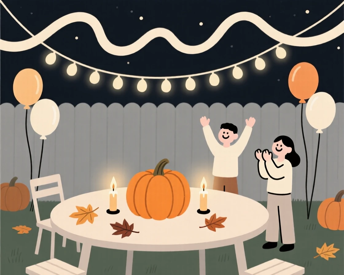 A joyful harvest festival taking place in a candlelit backyard, decorated with balloons and streamers, full of joyful celebration.
