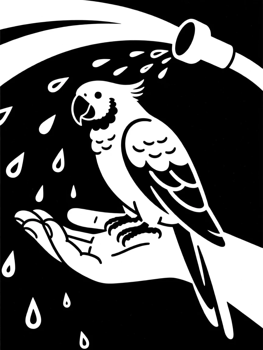 A parrot perched on a hand running through a sprinkler on a summer day.