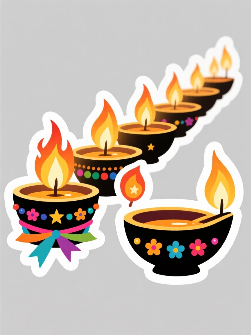A spirited and joyful Diwali oil lamps arranged in a glowing row, decorated with ribbons and small ornaments, during the most magical time of year.