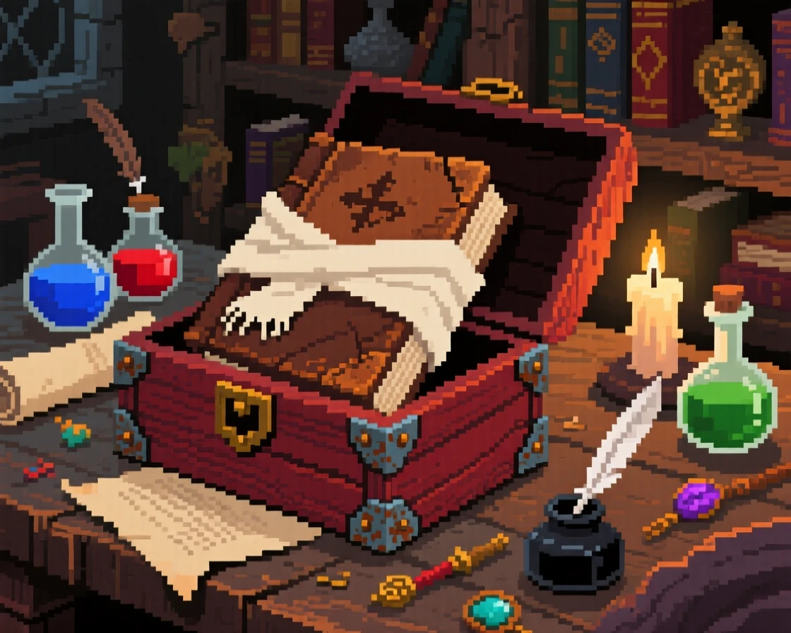 A spellbook bound in worn leather wrapped in a cloth inside a wooden box, inside a wizard's cluttered study.