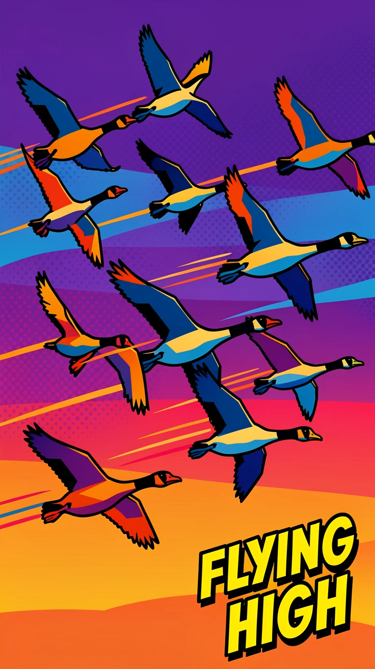 A flock of geese flying in formation across a late-day sky
