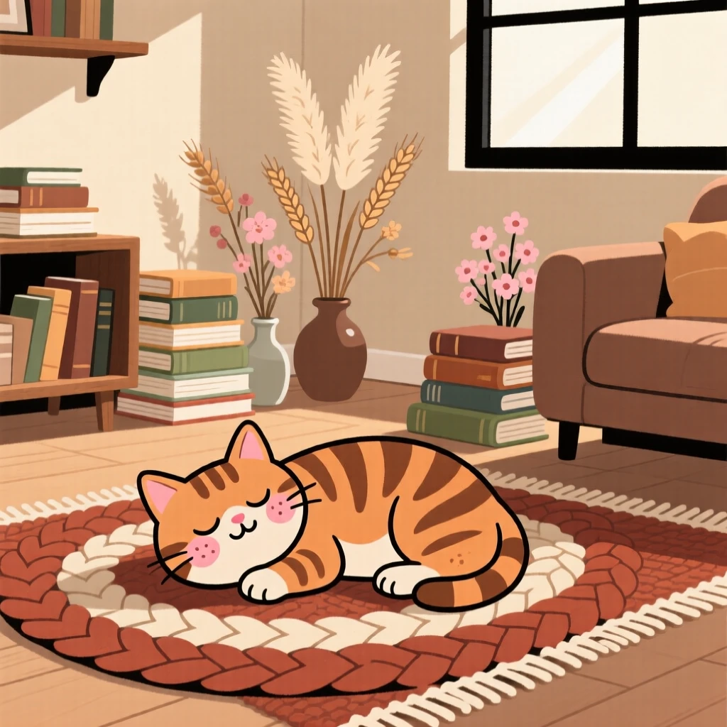 Morning light spills across a cozy living room filled with stacks of books and dried flowers, where a tabby kitten naps peacefully on the braided rug.