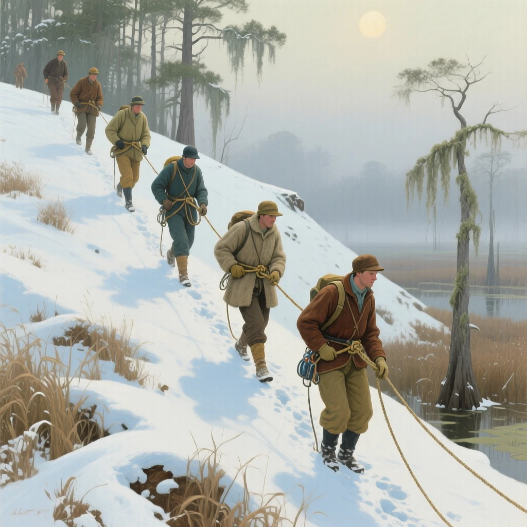 A centered composition of mountaineers roped together, ascending a snow-covered ridge, in the Louisiana bayou, in the 1950s.