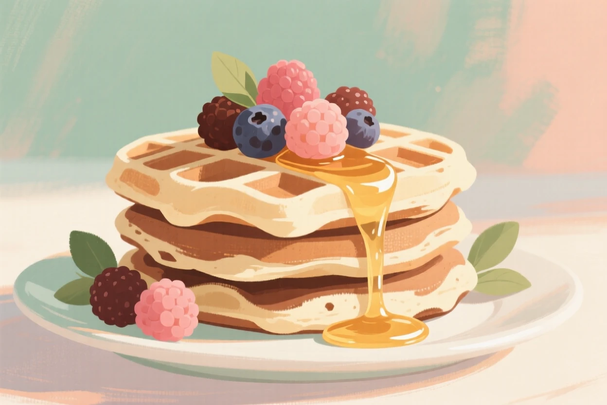 A stack of fresh waffles topped with berries and honey
