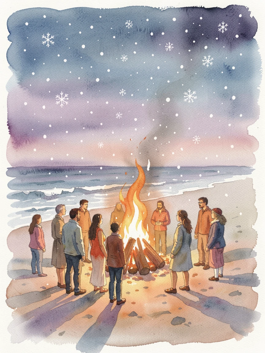 A summer solstice bonfire on a beach at dusk with soft snow gently falling.