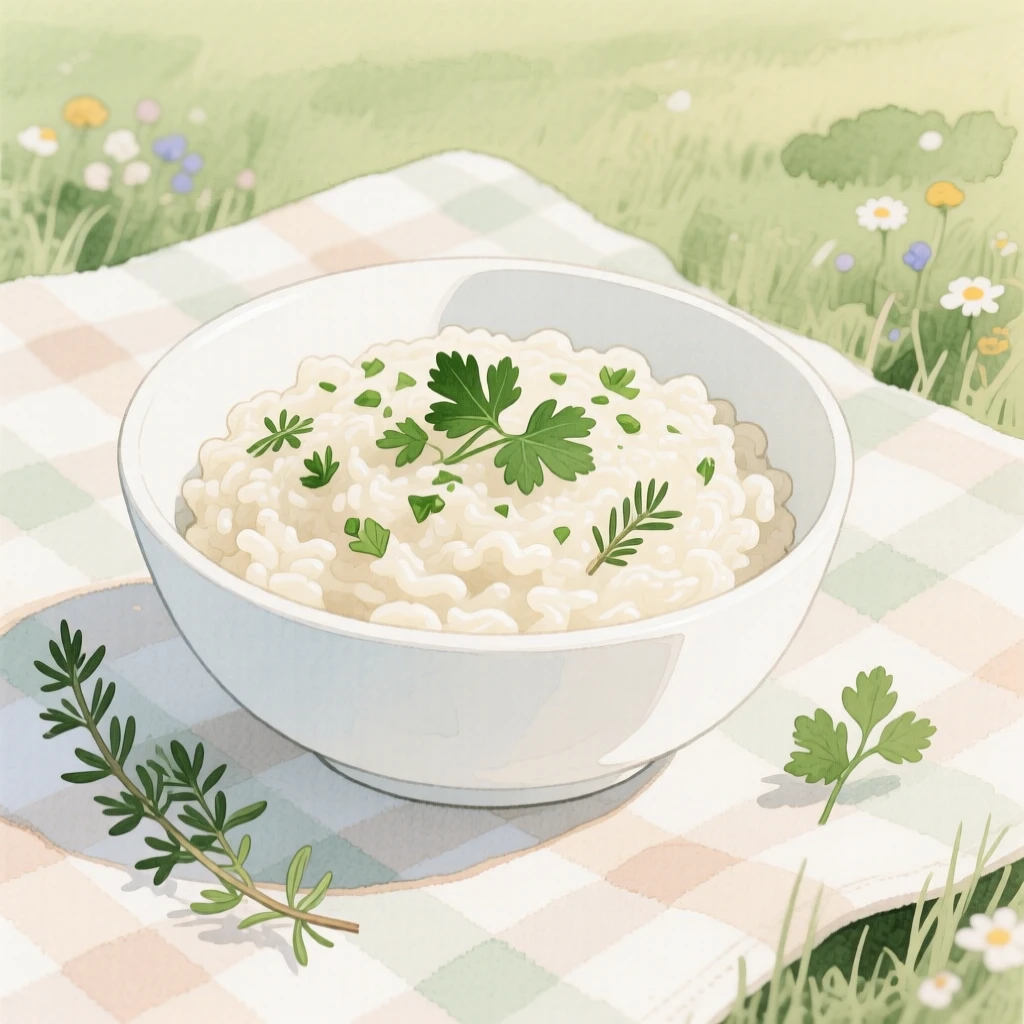 A bowl of creamy risotto sits with fresh herbs scattered around it on a picnic blanket in a meadow, arranged beautifully for a delightful meal