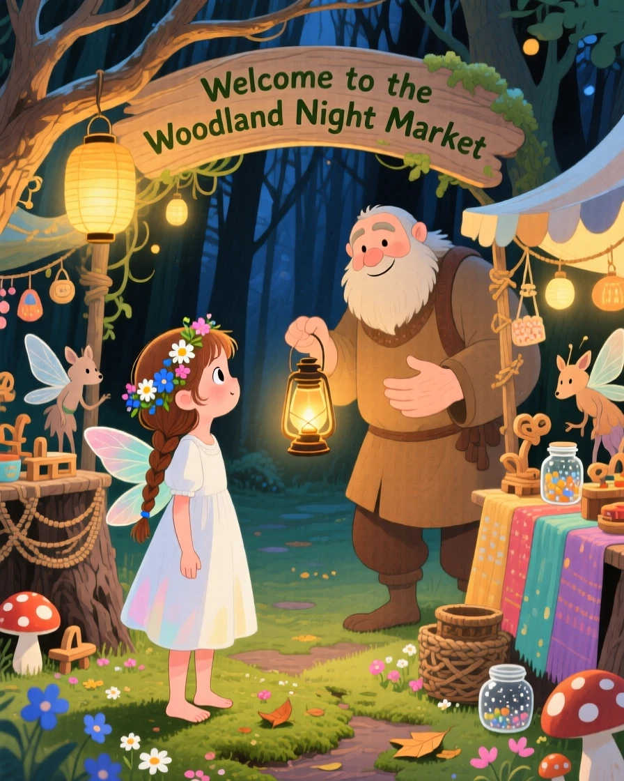 A barefoot girl with flowers in her hair discovering a lantern-lit night market for woodland folk for the first time, greeted by a kind-hearted giant.