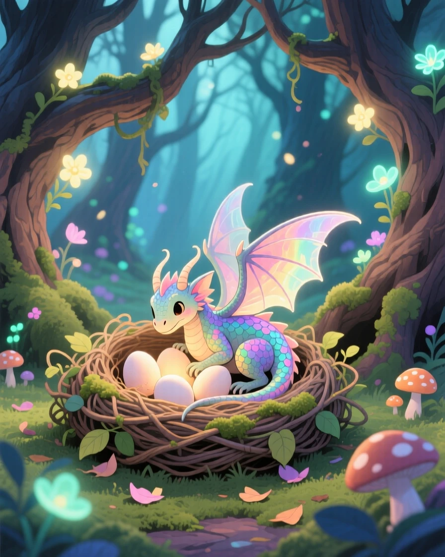 A tiny winged dragon curling protectively around a nest of glowing eggs, in an ancient magical grove, radiating gentle magic and wonder.