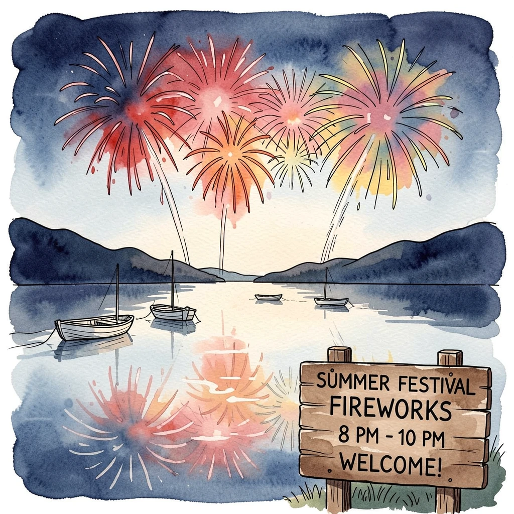 A summer fireworks show reflected in a calm lake, the mood cozy, joyful, and full of seasonal spirit.