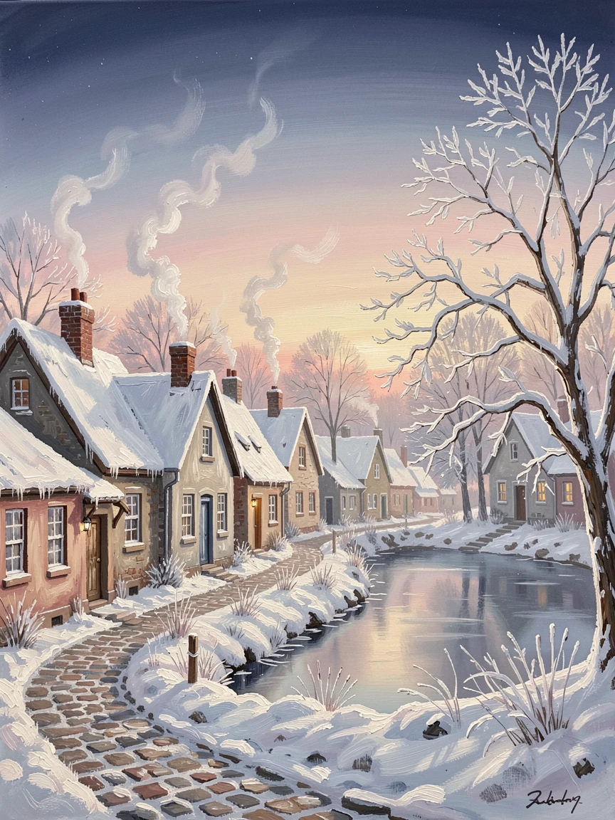 A snow-covered village with smoke curling from chimneys, smoke curling steadily from every chimney, beside a frozen pond ringed with frosted trees, at first light, frost glittering on every rooftop.