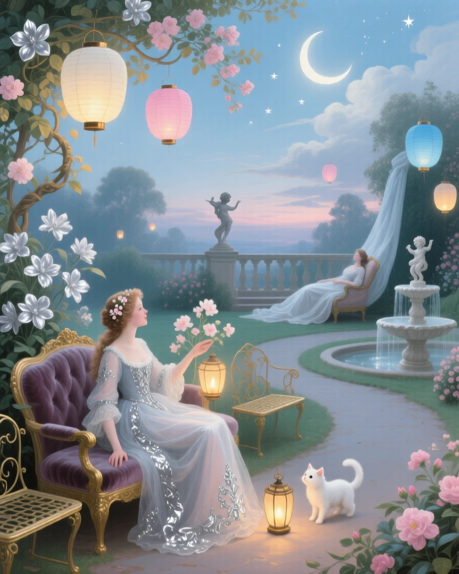 A moon garden where silver flowers open beneath floating lanterns  