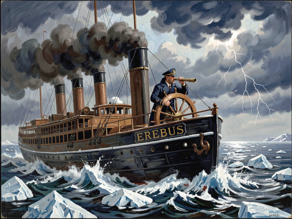 A steamship cuts through icy waters at a churning, stormy sky while the captain studies the horizon.