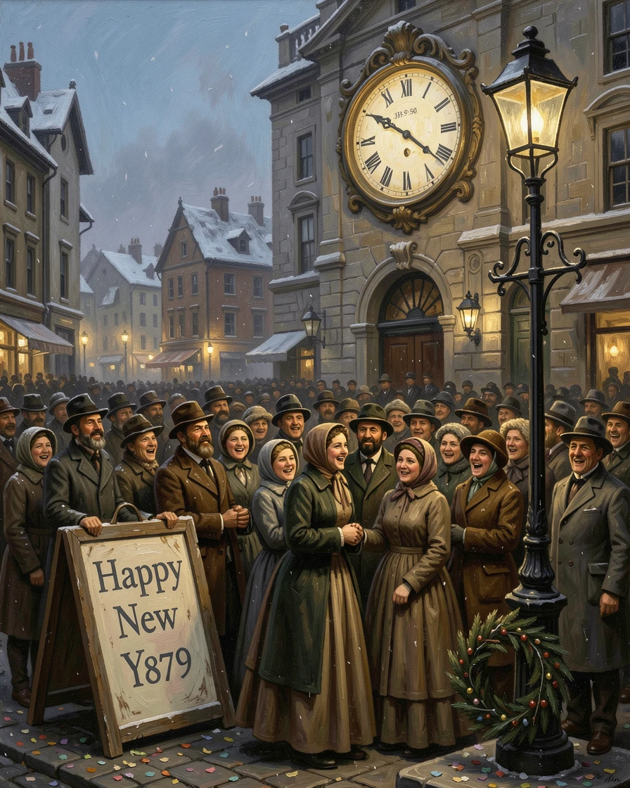 A New Year's celebration with a crowd counting down beneath a giant illuminated clock, as joyful expressions capture the spirit of the celebration, designed to bring festive cheer to any home or gallery wall