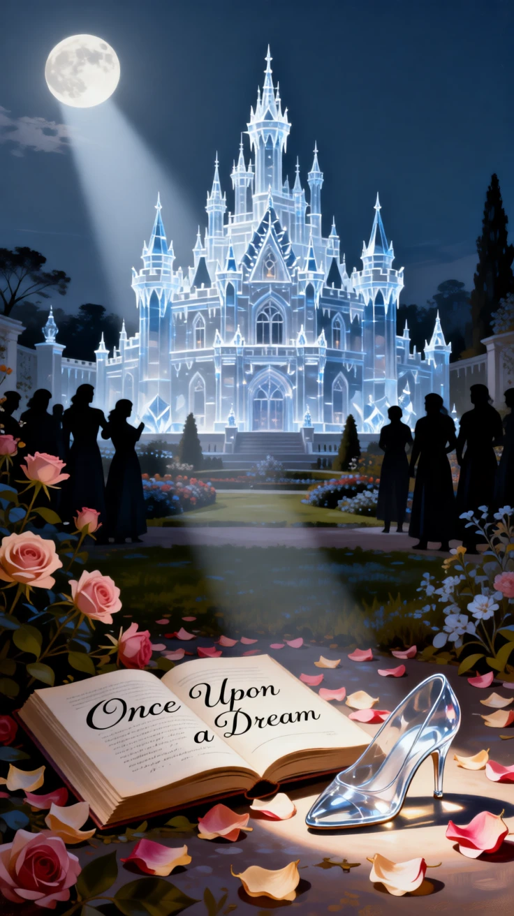 The Snow Queen's palace glittering with ice beneath a pale moon as the audience holds its breath in anticipation, set within a moonlit garden fit for legend, with scattered rose petals, an open storybook, and a forgotten glass slipper; a diagonal beam of moonlight highlights the pivotal narrative moment, radiating whimsy touched with gentle melancholy.