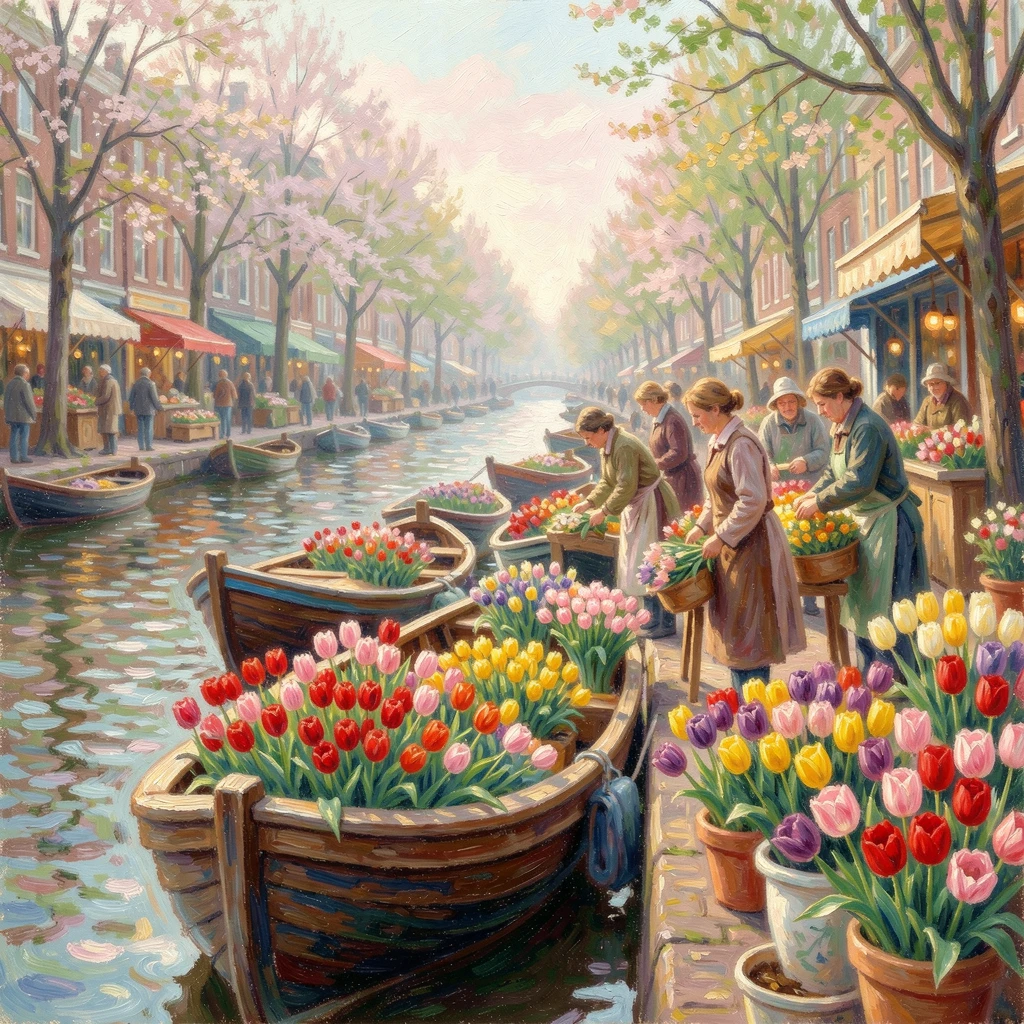 A traditional flower market in Amsterdam, boats loaded with tulips lining a picturesque canal, in early spring, filled with a cozy, comforting atmosphere.