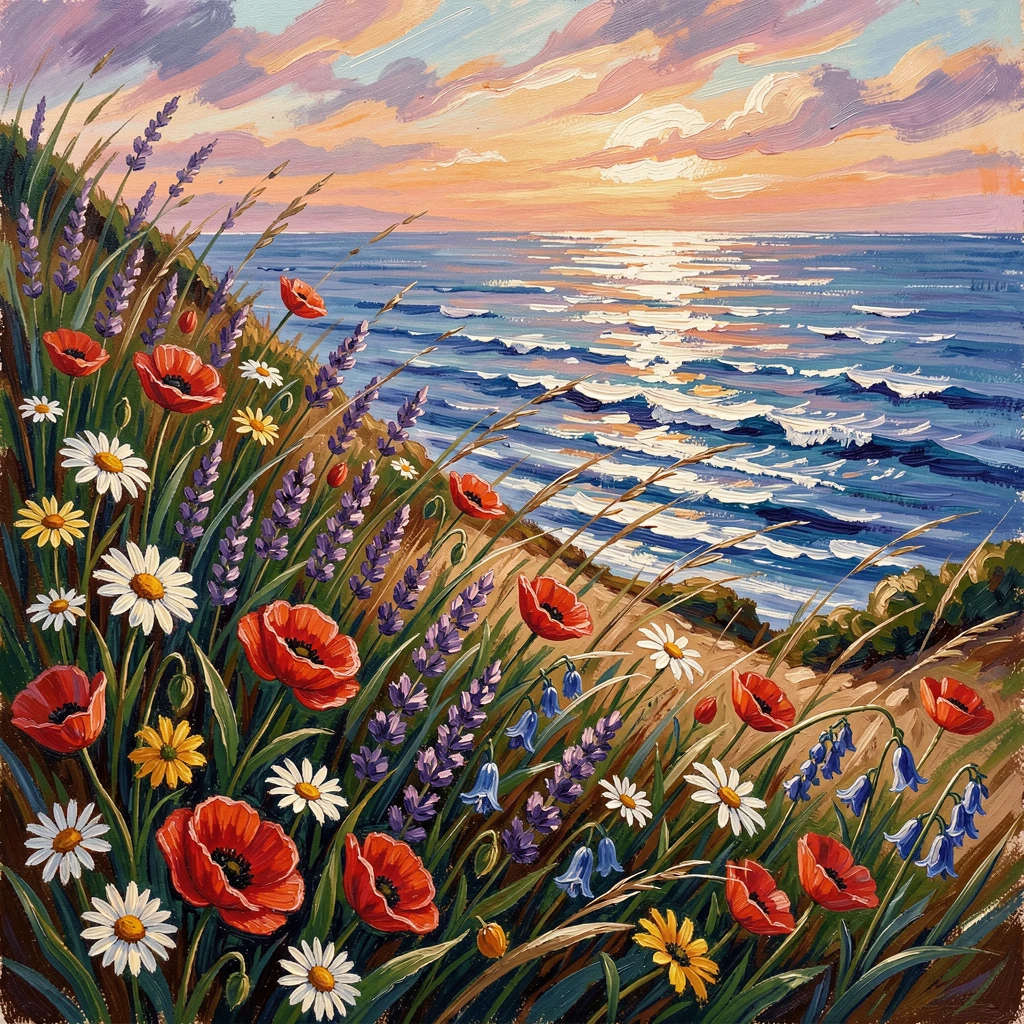A hillside garden overlooking the sea, wildflowers swaying in a salty breeze.
