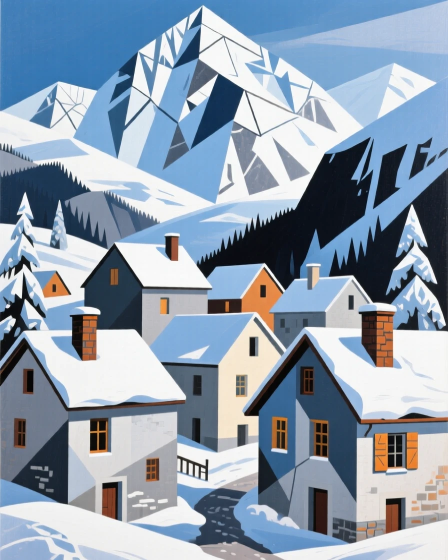 A quiet Swiss alpine village nestled beneath snow-capped peaks in winter.