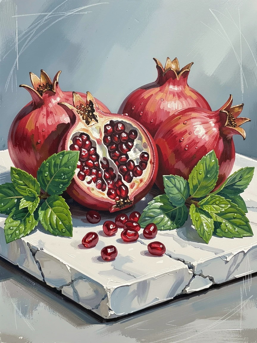 A cluster of ripe pomegranates sits split open on a marble slab, their jeweled seeds spilling out beside a bunch of fresh mint leaves, with the crisp, still air carrying only the faintest sounds of distant birdsong.