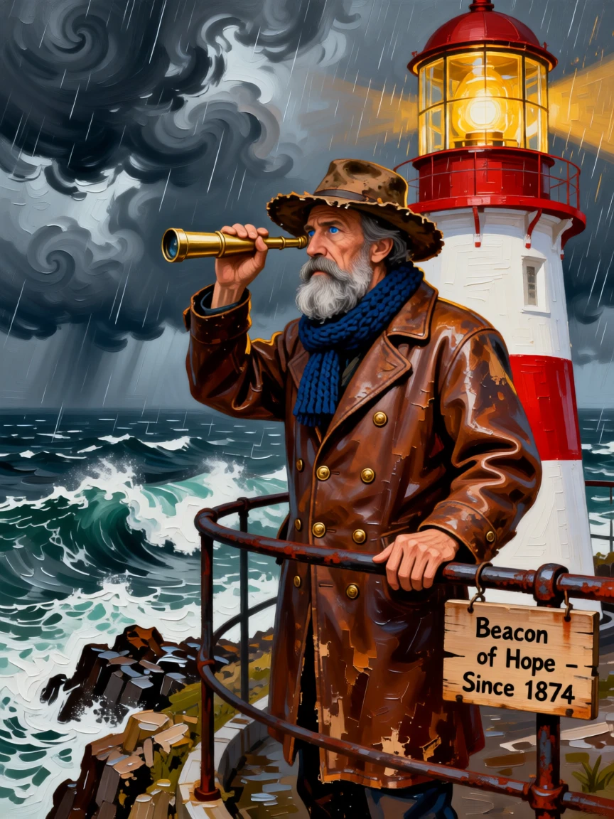 an old lighthouse keeper gazing out over a stormy sea