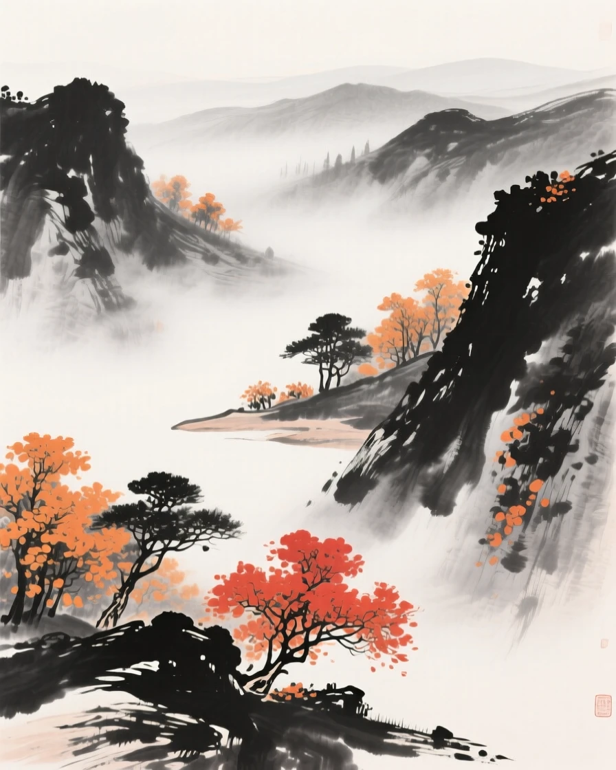 Autumn mist settles over a valley dotted with orange and crimson trees, as the last warmth of the season lingers in the air.