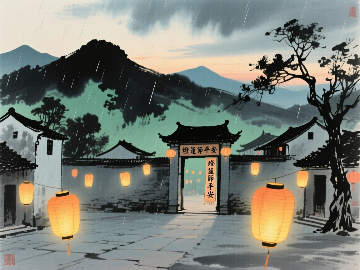 A lantern festival filling a village square with warm golden light, as the sun sets behind distant peaks, under clearing skies after a storm, evoking a sense of quiet solitude.