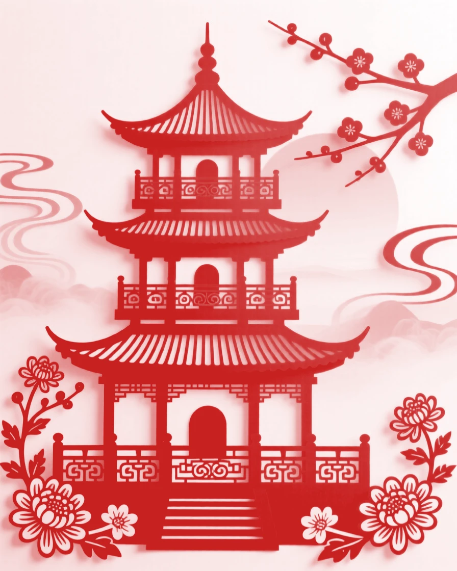 A pagoda, at first light, mist still clinging to its eaves, its carved railings catching the last light.
