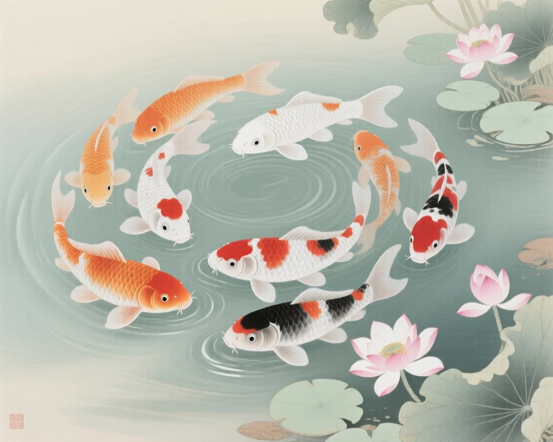 A school of koi fish swimming in circles in a pool bordered by blooming water lilies