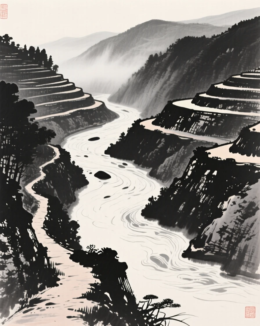 A winding river cutting through a deep, terraced valley as thin mist rolls slowly through the lower valley, captured from a narrow path winding into the depth of the scene, capturing a fleeting, serene moment suspended in time.