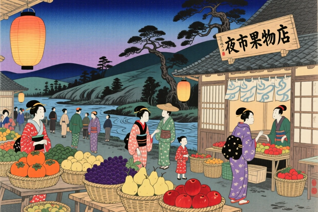 A crowded night market with baskets of fruit piled high on tables.