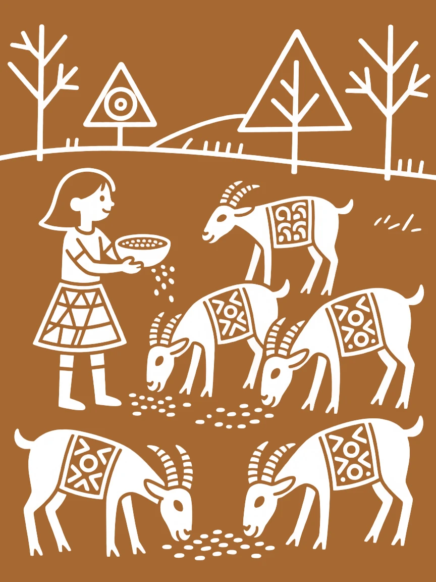 A little girl feeding a herd of goats together.