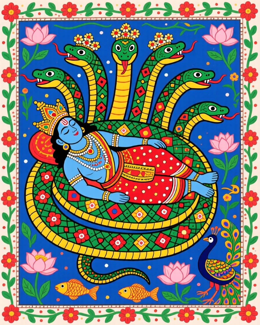 Vishnu resting peacefully upon the coils of a great cosmic serpent.